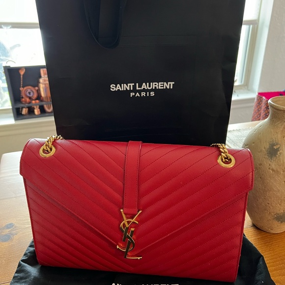 Saint Laurent Bags | Saint Laurent Matelasse Grain De Poudre Monogram Large Red - Picture 1 of 6